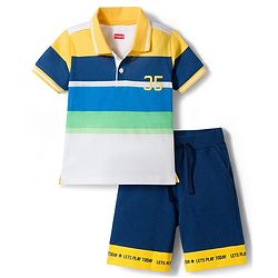 Babyhug Single Jersey Knit Half Sleeves Striped Polo T-Shirt & Shorts Set with Numerical Print - Blue & Yellow