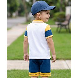 Babyhug Single Jersey Knit Half Sleeves Striped Polo T-Shirt & Shorts Set with Numerical Print - Blue & Yellow