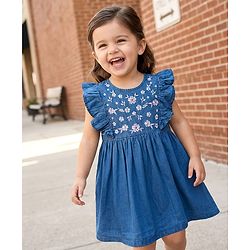 Babyhug Denim Woven Antibacterial Sleeveless Floral Embroidered Frock with Frill Detailing - Blue