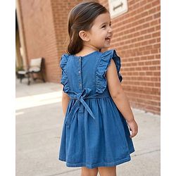 Babyhug Denim Woven Antibacterial Sleeveless Floral Embroidered Frock with Frill Detailing - Blue