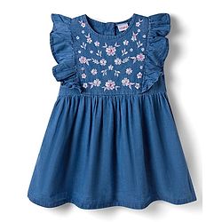 Babyhug Denim Woven Antibacterial Sleeveless Floral Embroidered Frock with Frill Detailing - Blue