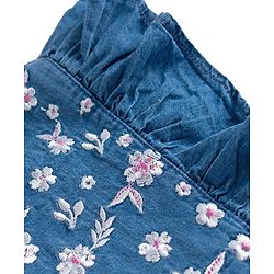 Babyhug Denim Woven Antibacterial Sleeveless Floral Embroidered Frock with Frill Detailing - Blue