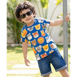 Babyhug Single Jersey Knit Half Sleeves T-Shirt & Denim Shorts Set With Animal Print - Multicolor