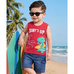 Babyhug Single Jersey Knit Sleeveless Text & Dino Printed T-Shirt & Denim Shorts with Cargo Pockets - Red & Blue
