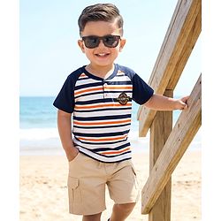 Babyhug Single Jersey Knit Half Raglan Sleeves Striped T-Shirt with Patch & Shorts - Navy Blue & Beige