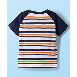 Babyhug Single Jersey Knit Half Raglan Sleeves Striped T-Shirt with Patch & Shorts - Navy Blue & Beige
