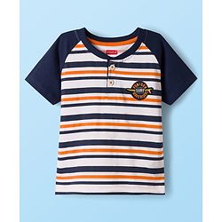 Babyhug Single Jersey Knit Half Raglan Sleeves Striped T-Shirt with Patch & Shorts - Navy Blue & Beige