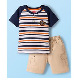 Babyhug Single Jersey Knit Half Raglan Sleeves Striped T-Shirt with Patch & Shorts - Navy Blue & Beige