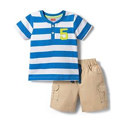 Babyhug Single Jersey Knit Half Sleeves Striped T-Shirt with Numerical Embroidery & Shorts Set - Blue & White