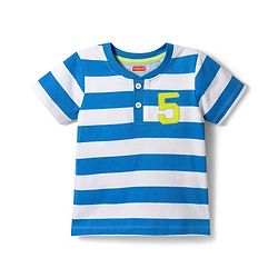 Babyhug Single Jersey Knit Half Sleeves Striped T-Shirt with Numerical Embroidery & Shorts Set - Blue & White