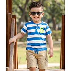 Babyhug Single Jersey Knit Half Sleeves Striped T-Shirt with Numerical Embroidery & Shorts Set - Blue & White