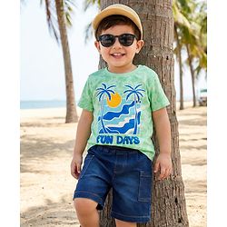 Babyhug Single Jersey Knit Half Sleeves T-Shirt & Denim Shorts Set With Beach Print - Multicolor