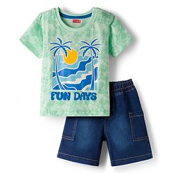 Babyhug Single Jersey Knit Half Sleeves T-Shirt & Denim Shorts Set With Beach Print - Multicolor