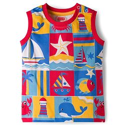 Babyhug Single Jersey Knit Sleeveless T-Shirt & Denim Shorts Set with Nautical Theme Print - Blue