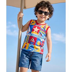 Babyhug Single Jersey Knit Sleeveless T-Shirt & Denim Shorts Set with Nautical Theme Print - Blue