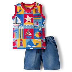 Babyhug Single Jersey Knit Sleeveless T-Shirt & Denim Shorts Set with Nautical Theme Print - Blue