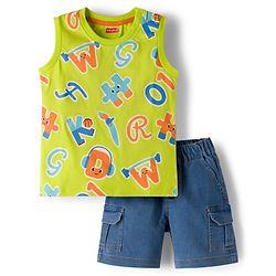 Babyhug Single Jersey Knit Sleeveless Alphabet Printed T-Shirt & Denim Shorts Set - Green & Blue