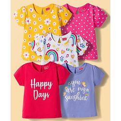 Babyhug 100% Cotton Knit Half Sleeves T-Shirts with Floral & Hearts Graphics Pack of 5 - Multicolor