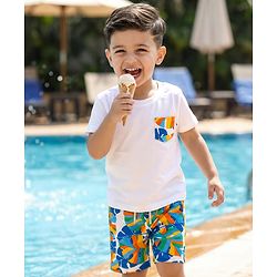 Babyhug Single Jersey Knit Half Sleeves T-Shirt & Shorts Set with Leaf Print - White