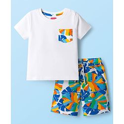 Babyhug Single Jersey Knit Half Sleeves T-Shirt & Shorts Set with Leaf Print - White