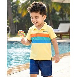 Babyhug Single Jersey Knit Half Sleeves Polo T-Shirt & Denim Shorts Set with Sunshine Print & Stripes - Yellow & Blue