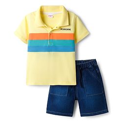 Babyhug Single Jersey Knit Half Sleeves Polo T-Shirt & Denim Shorts Set with Sunshine Print & Stripes - Yellow & Blue