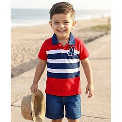 Babyhug Single Jersey Knit Half Sleeves Polo T-Shirt & Denim Shorts Set with N Patch Detailing & Stripes - Blue