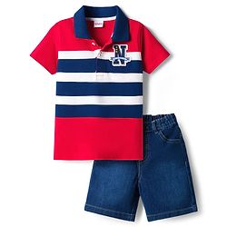 Babyhug Single Jersey Knit Half Sleeves Polo T-Shirt & Denim Shorts Set with N Patch Detailing & Stripes - Blue