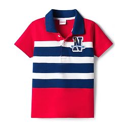 Babyhug Single Jersey Knit Half Sleeves Polo T-Shirt & Denim Shorts Set with N Patch Detailing & Stripes - Blue