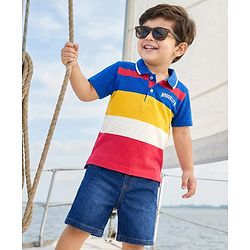 Babyhug Single Jersey Knit Half Sleeves Polo T-Shirt & Denim Shorts Set with Brooklyn Print & Color Block - Blue