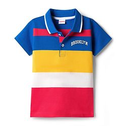 Babyhug Single Jersey Knit Half Sleeves Polo T-Shirt & Denim Shorts Set with Brooklyn Print & Color Block - Blue