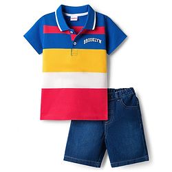 Babyhug Single Jersey Knit Half Sleeves Polo T-Shirt & Denim Shorts Set with Brooklyn Print & Color Block - Blue