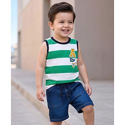 Babyhug Single Jersey Knit Sleeveless T-Shirt & Denim Shorts Set with Patch Detailing & Stripes - Blue & Green