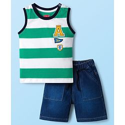 Babyhug Single Jersey Knit Sleeveless T-Shirt & Denim Shorts Set with Patch Detailing & Stripes - Blue & Green