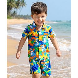 Babyhug Single Jersey Knit Half Sleeves Co-ords Shirt & Shorts Set with Dino Print - Multicolor