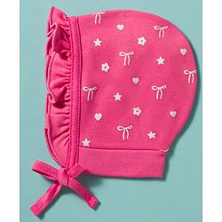 Babyhug 100% Cotton Knit Cap with Floral Print Pack of 2 White & Pink - Diameter 9 cm