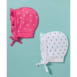 Babyhug 100% Cotton Knit Cap with Floral Print Pack of 2 White & Pink - Diameter 9 cm
