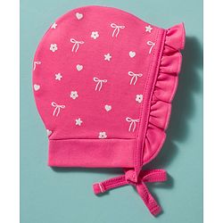 Babyhug 100% Cotton Knit Cap with Floral Print Pack of 2 White & Pink - Diameter 9 cm
