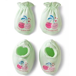Babyhug 100% Cotton Knit Mittens & Booties With Cherry Print - Multicolor