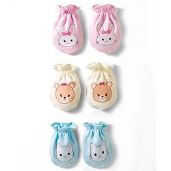 Babyhug 100% Cotton Knit Mittens With Animal Print Pack of 3 - Multicolor