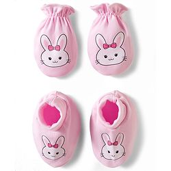 Babyhug 100% Cotton Knit Mittens & Booties With Bunny Print - Multicolor
