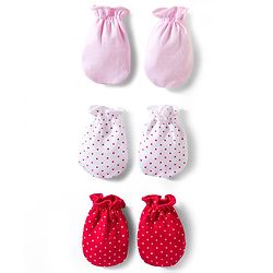 Babyhug 100% Cotton Knit Solid & Polka Dots Printed Mittens Pack Of 3 - Multicolour