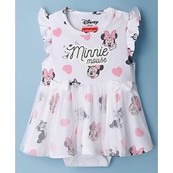 Babyhug Disney Interlock Knit  Frill Sleeves Frock Style Onesies with Mesh Detailing & Minnie Mouse Graphic - White