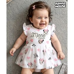 Babyhug Disney Interlock Knit  Frill Sleeves Frock Style Onesies with Mesh Detailing & Minnie Mouse Graphic - White