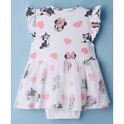 Babyhug Disney Interlock Knit  Frill Sleeves Frock Style Onesies with Mesh Detailing & Minnie Mouse Graphic - White