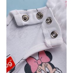 Babyhug Disney Interlock Knit  Frill Sleeves Frock Style Onesies with Mesh Detailing & Minnie Mouse Graphic - White