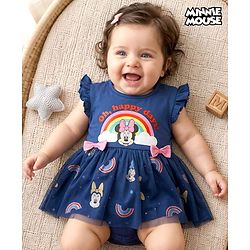 Babyhug Disney Interlock Knit  Frill Sleeves Onesies with Mesh Detailing & Minnie Mouse Graphic -Navy Blue