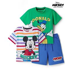 Babyhug Disney Single Jersey Knit Half Sleeve T-Shirt & Shorts Set With Mickey Mouse & Family Graphics Pack of 2 - Multicolour