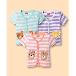 Babyhug 100% Cotton Interlock Knit Half Sleeves Antibacterial Striped Jhablas with Animal Applique Pack of 3 -Multicolor