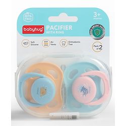 Babyhug Seahorse Print Orthodontic Pacifier Pack of 2| 3+ Months| Protective Hygienic Cap| Breathable Airflow Vents | Orthodontic Silicone Teat | Food-Grade Silicone | BPA Free | Baby Safe